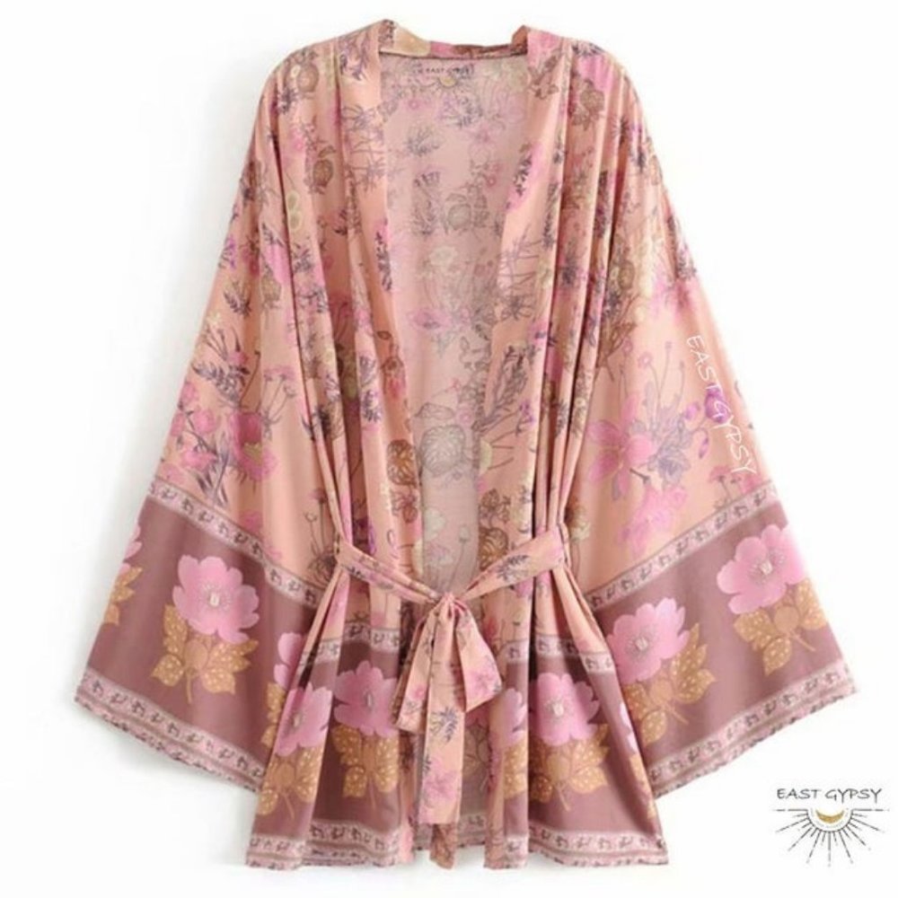 Dusty Rose Floral Blossom Boho Kimono Cardigan
